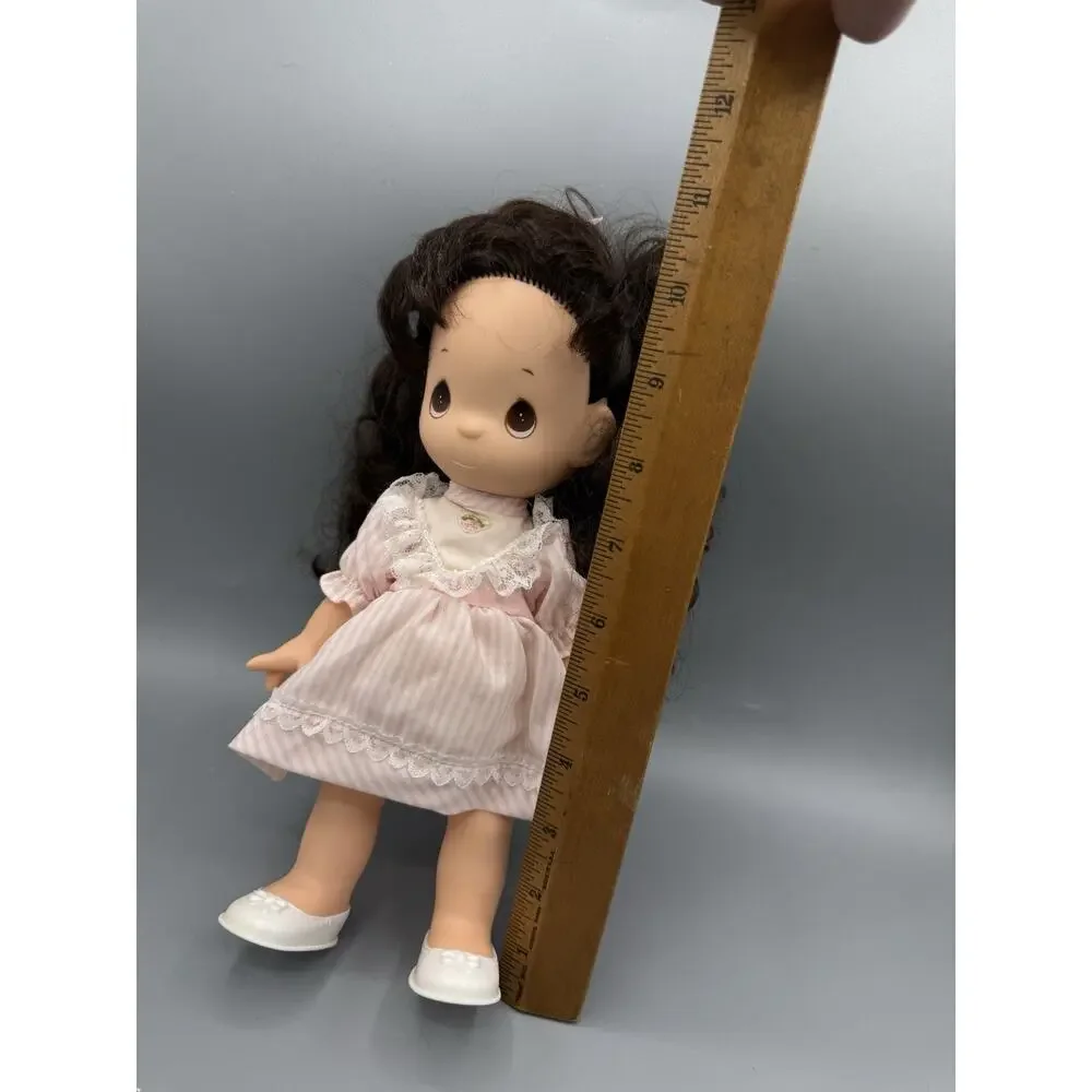 Precious Moments 12” Brunette Vinyl Doll Pink Stripe Lace Dress White Shoes